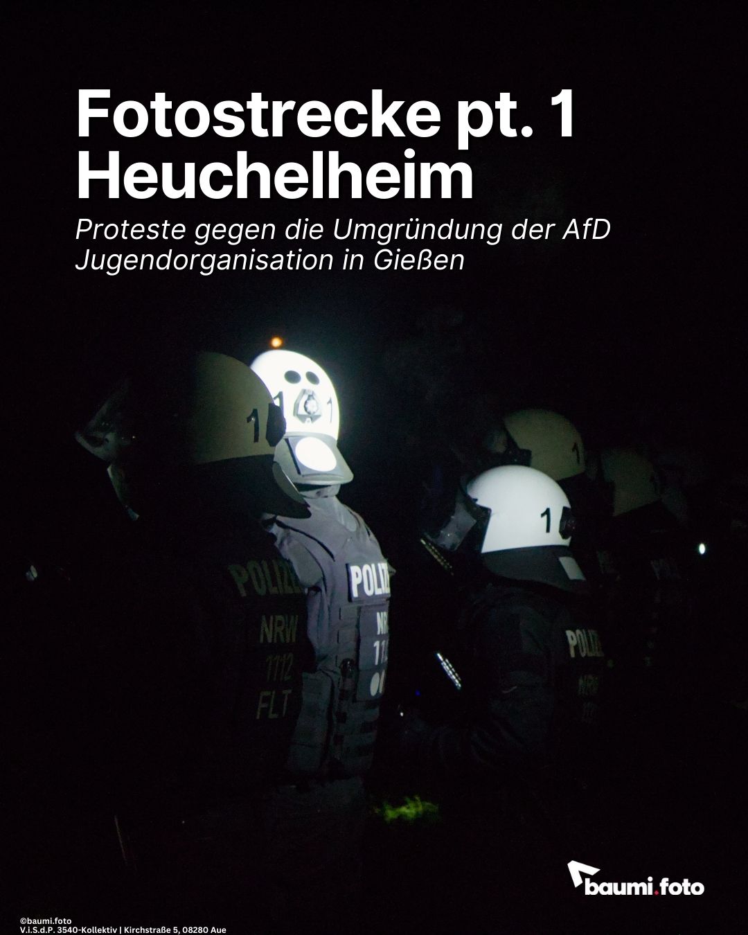 Ein verlinkter Instagram Beitrag, der zu einem Text von mir bei 3540-Media führt. Auf dem Bild sieht man die Helme von Polizisten im dunklen, welche angeleuchtet werden. Die Überschrift lautet: >Fotostrecke pt.1 - Heuchelheim / Proteste gegen die Umgründung der AfD Jungendorganisation in Gießen.
